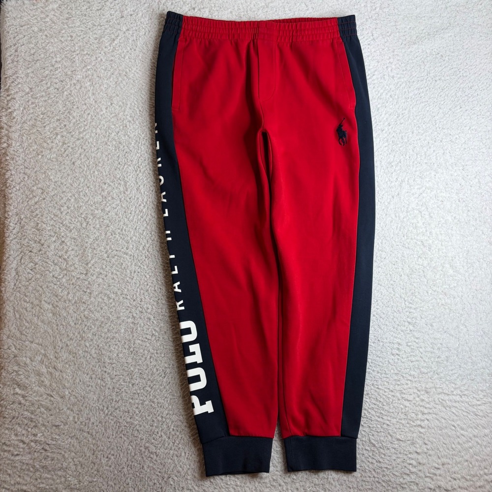 Polo Ralph Lauren Mens Red Navy Blue Logo Graphic Joggers Sweatpants Large